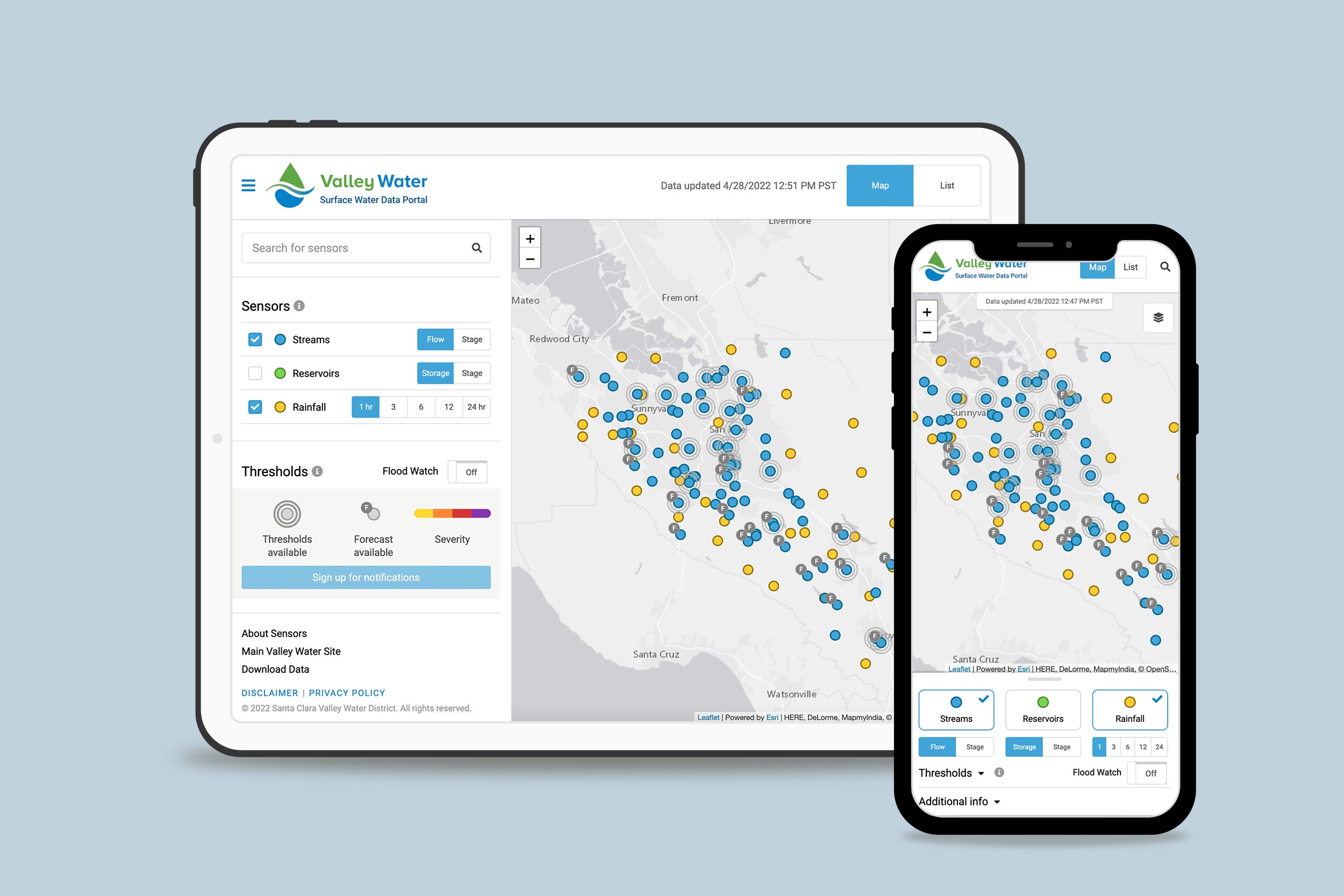 Santa Clara Valley Water District Surface Water Data Portal Screenshots