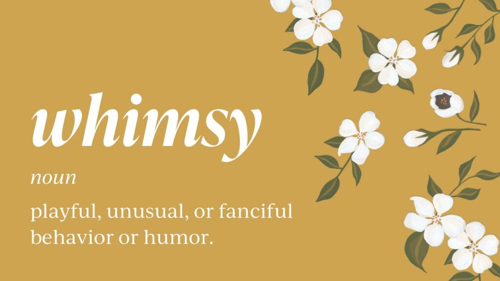 whimsy: playful, unusual, or fanciful behavior or humor.