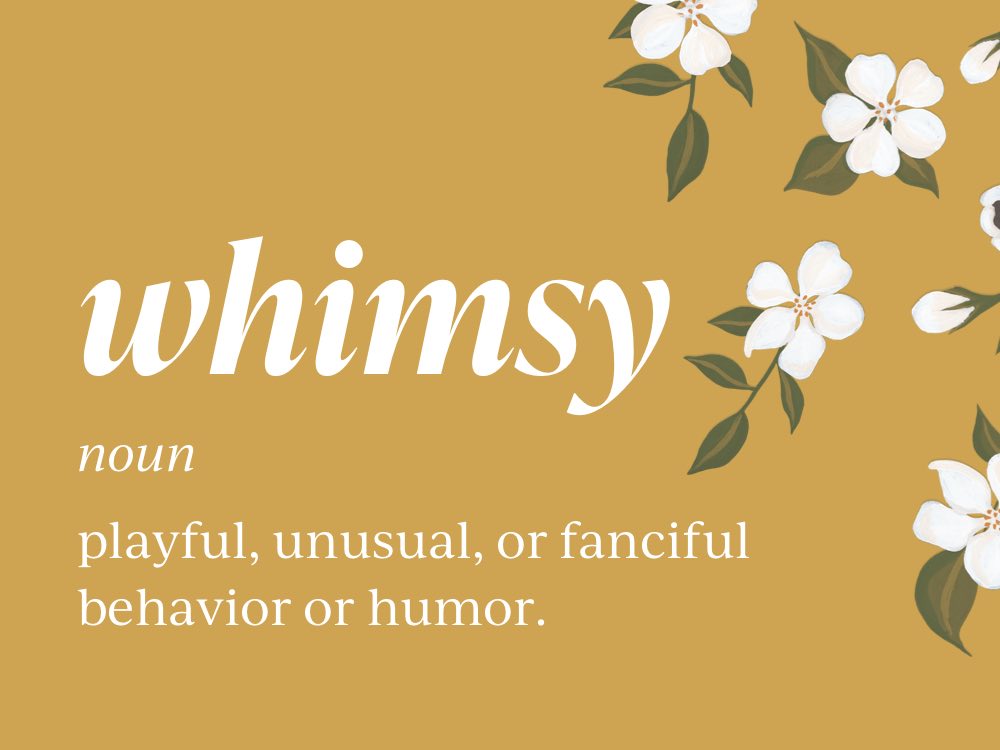 whimsy: playful, unusual, or fanciful behavior or humor.