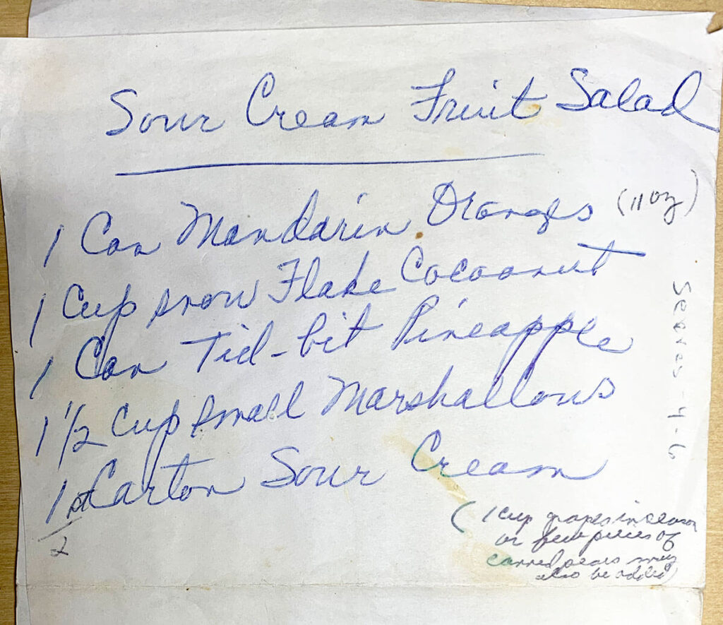 Hand Written Recipe for Sour Cream Fruit Salad